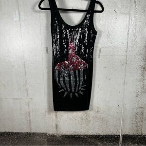 Rat Baby Black Sequin Edgy Punk Glam  Goth Middle‎ Finger Tank Dress size M
